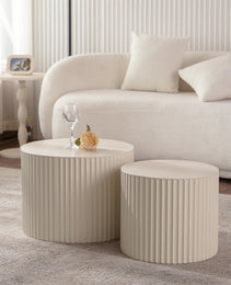 Beige Nesting Coffee Table Set Of 2 Modern Drum Side Table End Table Wave Stripe Round Coffee Table For Living Room