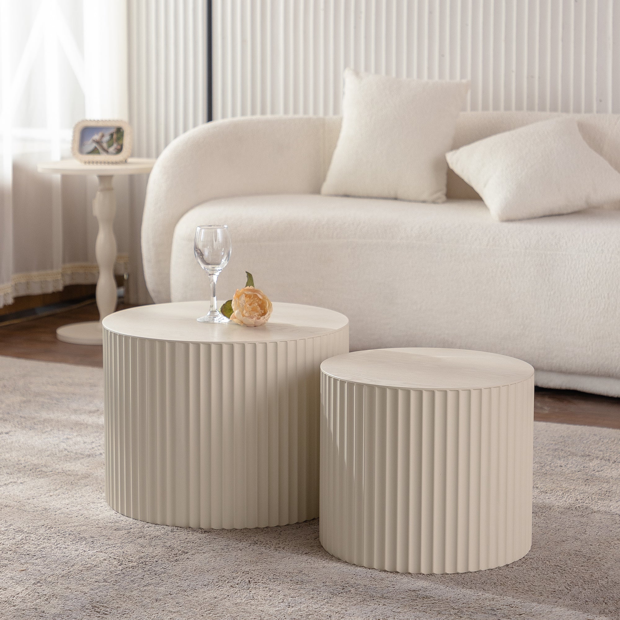 Beige Nesting Coffee Table Set Of 2 Modern Drum Side Table End Table Wave Stripe Round Coffee Table For Living Room