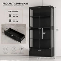 66 Display Cabinet with Glass Doors for Living Room, MDF Wood in Matte Black, 7-Color LED Lights and Fluted Drawer
