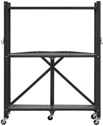 3-Tier Foldable Storage Shelf, 28W X 13D X 36H Inch Folding Metal Rack Shelving Unit, No Assembly Organizer Shelf With 5 Wheels & 4 Hooks For Pantry, Kitchen, Garage, Basement, Black