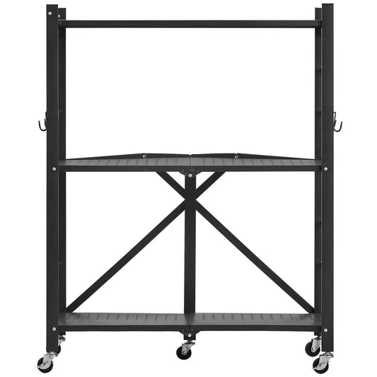 3-Tier Foldable Storage Shelf, 28W X 13D X 36H Inch Folding Metal Rack Shelving Unit, No Assembly Organizer Shelf With 5 Wheels & 4 Hooks For Pantry, Kitchen, Garage, Basement, Black