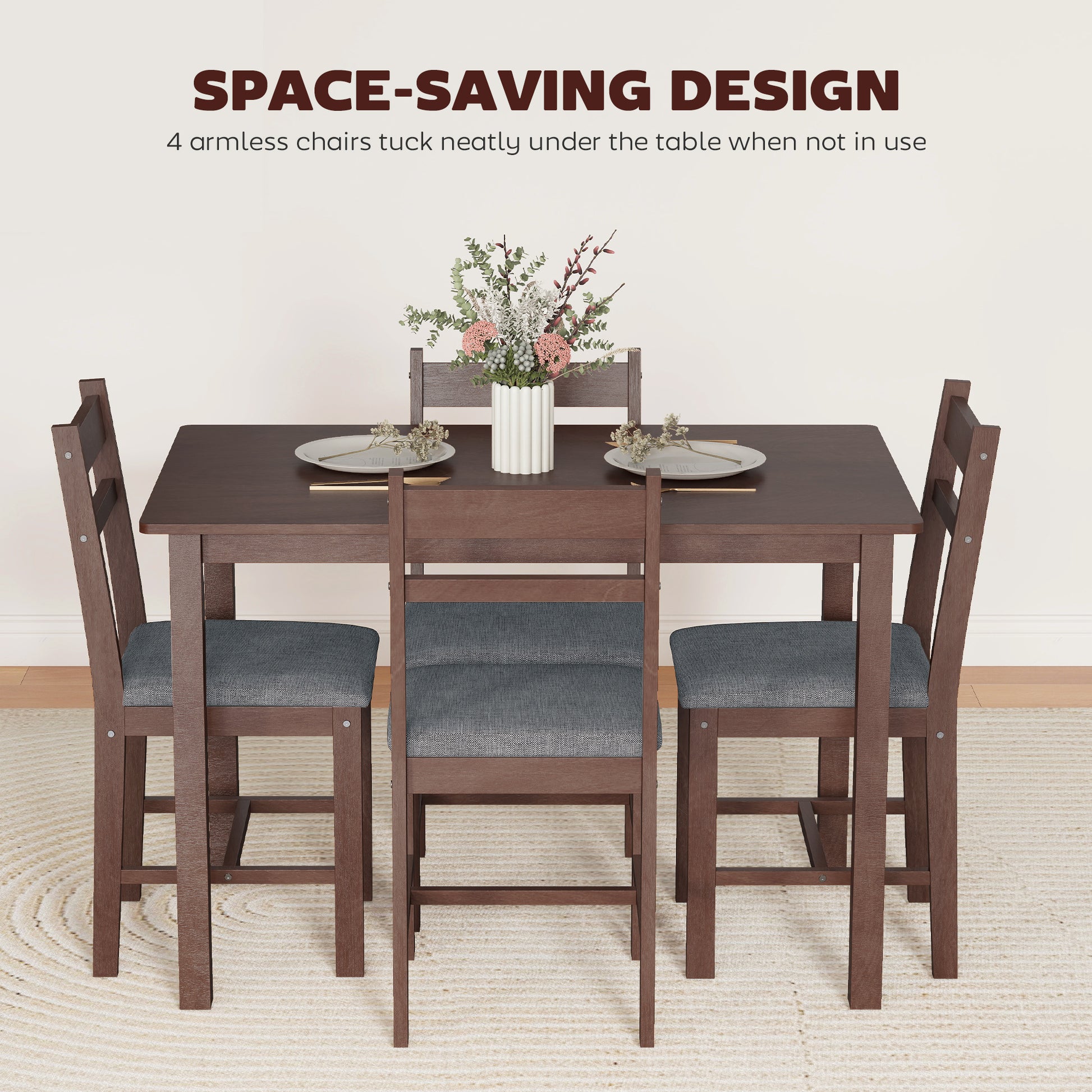 5-Piece Solid Wood Dining Table Set for 4, Farmhouse Kitchen Table with Upholstered Chairs for Dining Room, Walnut