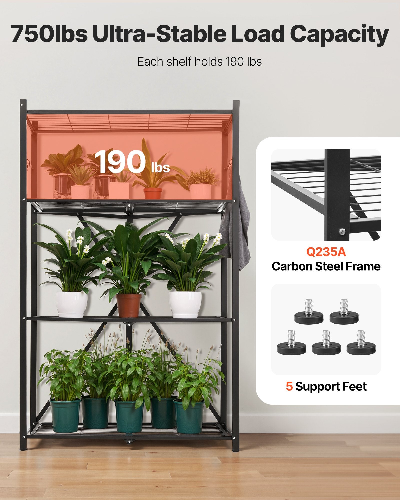 4-Tier Foldable Storage Shelf, 36W X 21D X 60H Inch Folding Metal Rack Shelving Unit, No Assembly Organizer Shelf With 5 Wheels & 4 Hooks For Pantry, Kitchen, Garage, Basement, Black