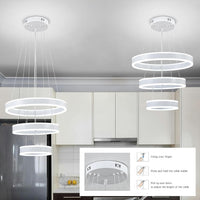 Modern LED Chandeliers Adjustable Hanging White Pendant Light Fixture 3 Ring Flush Mount Chandeliers for Bedroom,Kitchen,Island Cafe