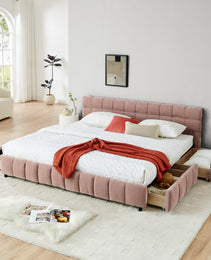 King Size Upholstered Bed ,comfortable Upholstered Bed Frame, Chenille Fabric, With Headboard And Solid Bed Frame. With Drawer For Storage.-Pink 88.5x85.5x31