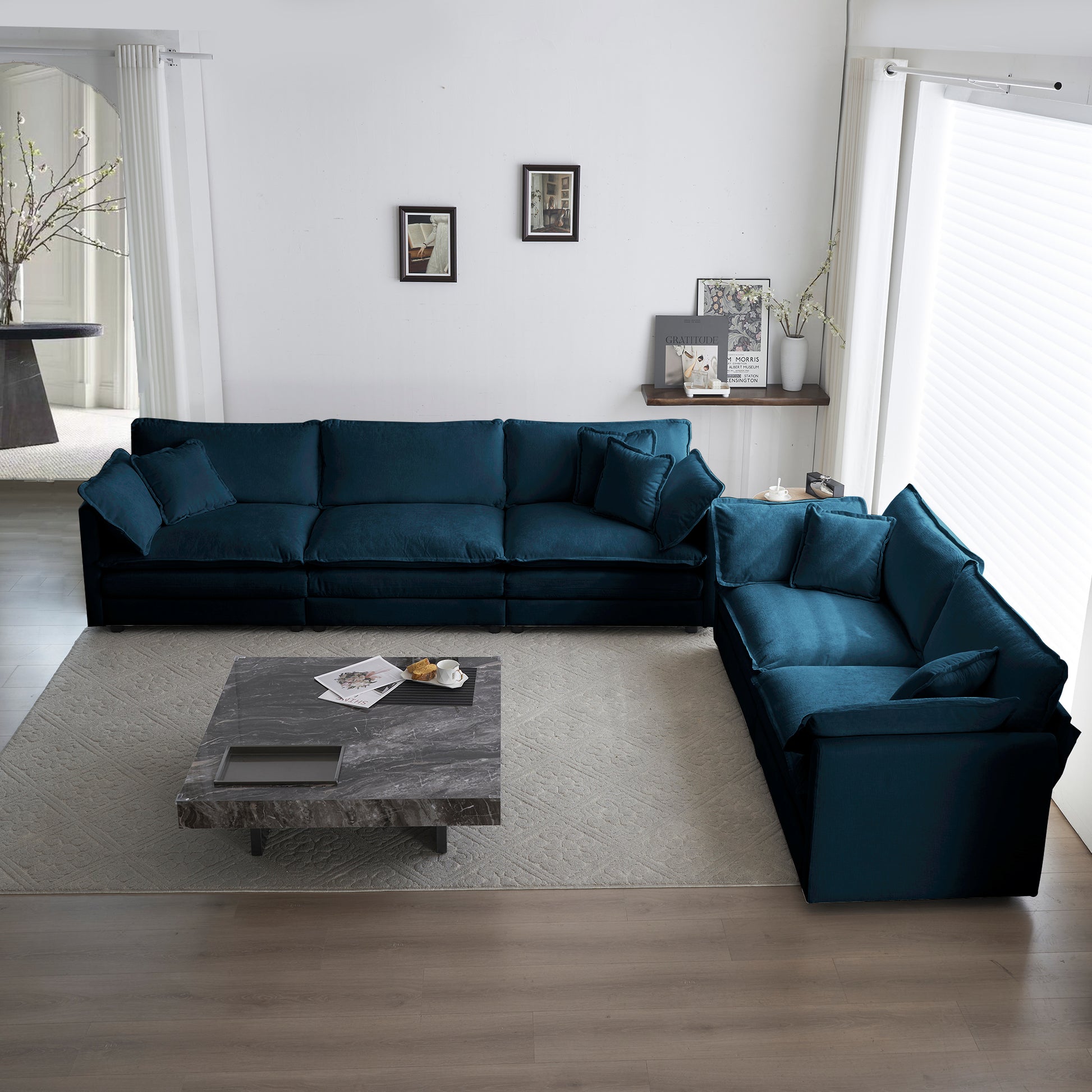 Sofa Set Of 2 Chenille Couch, 2-3 Seater Sofa Set Deep Seat Sofa, Modern Sofa Set For Living Room, Blue Chenille