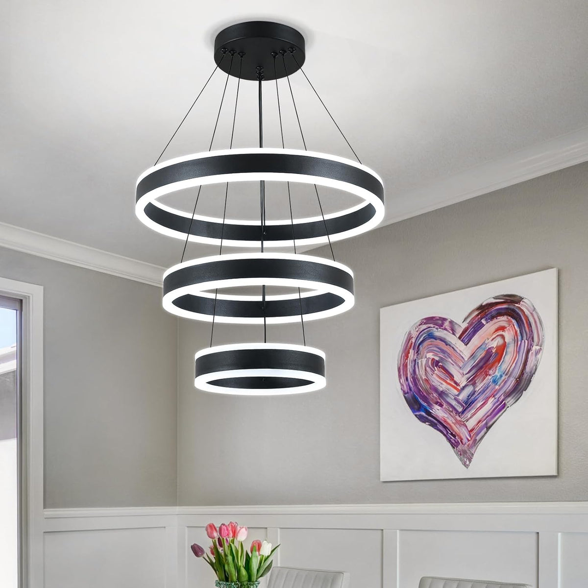 Modern LED Chandeliers Adjustable Hanging Black Pendant Light Fixture 3 Ring Flush Mount Chandeliers for Bedroom,Kitchen,Island Cafe