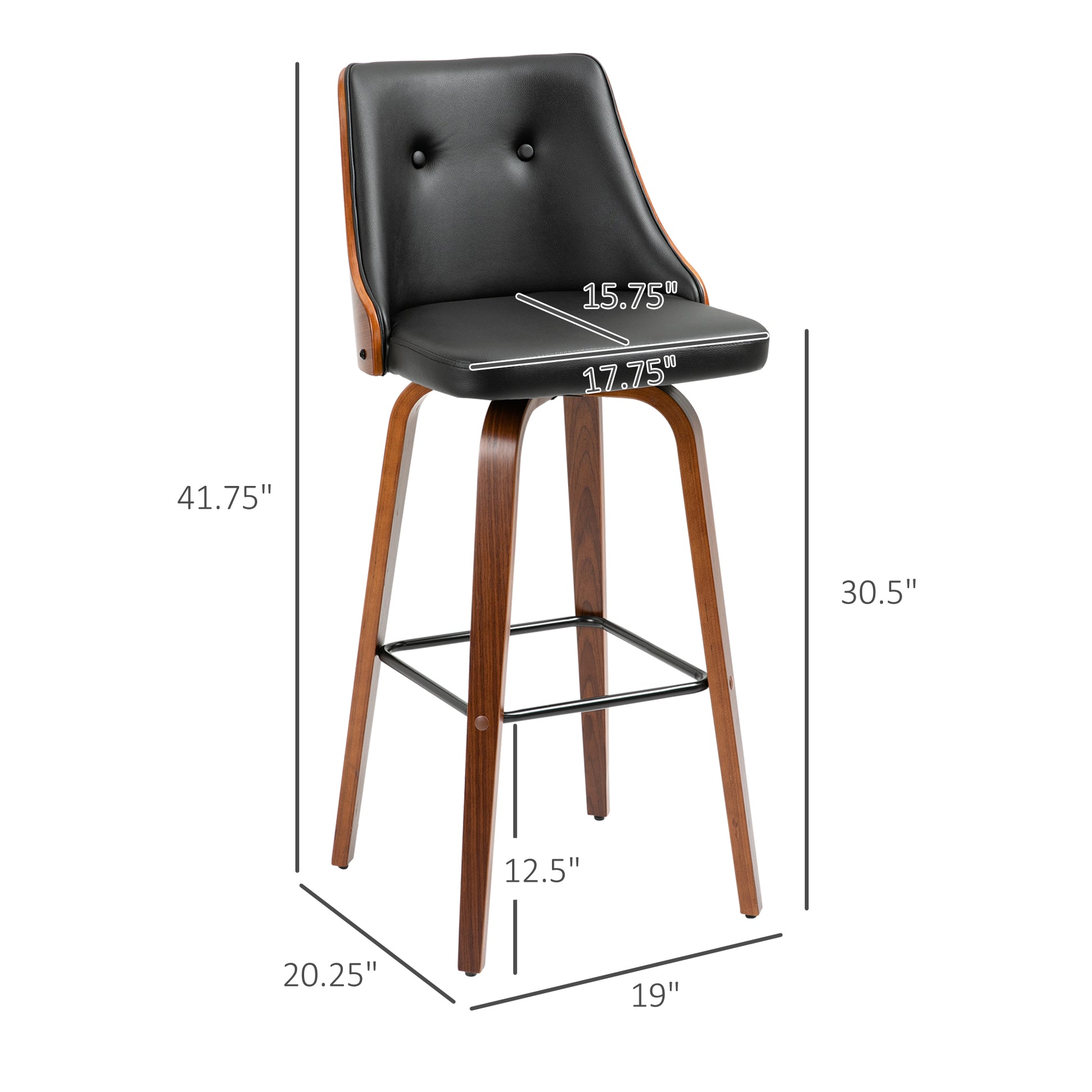 Bar Height Bar Stools, PU Leather Swivel Barstools With Footrest And Tufted Back, Set Of 2, Black