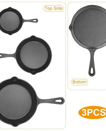 3Pcs Pre-Seasoned Cast Iron Skillet Set 6-8-10in Non-Stick Oven Safe Cookware Heat-Resistant Frying Pan