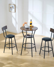 Round Bar Table And Stool Set With Shelf, Upholstered Stool With Backrest, Rustic Brown
