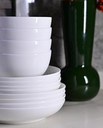 Setaria Bone China Dinnerware Set, 12 Pieces, Service For 4, Plates, Dishes, Bowls Set, Microwave And Dishwasher Safe, Ivory White With Narrow Curve Stripe