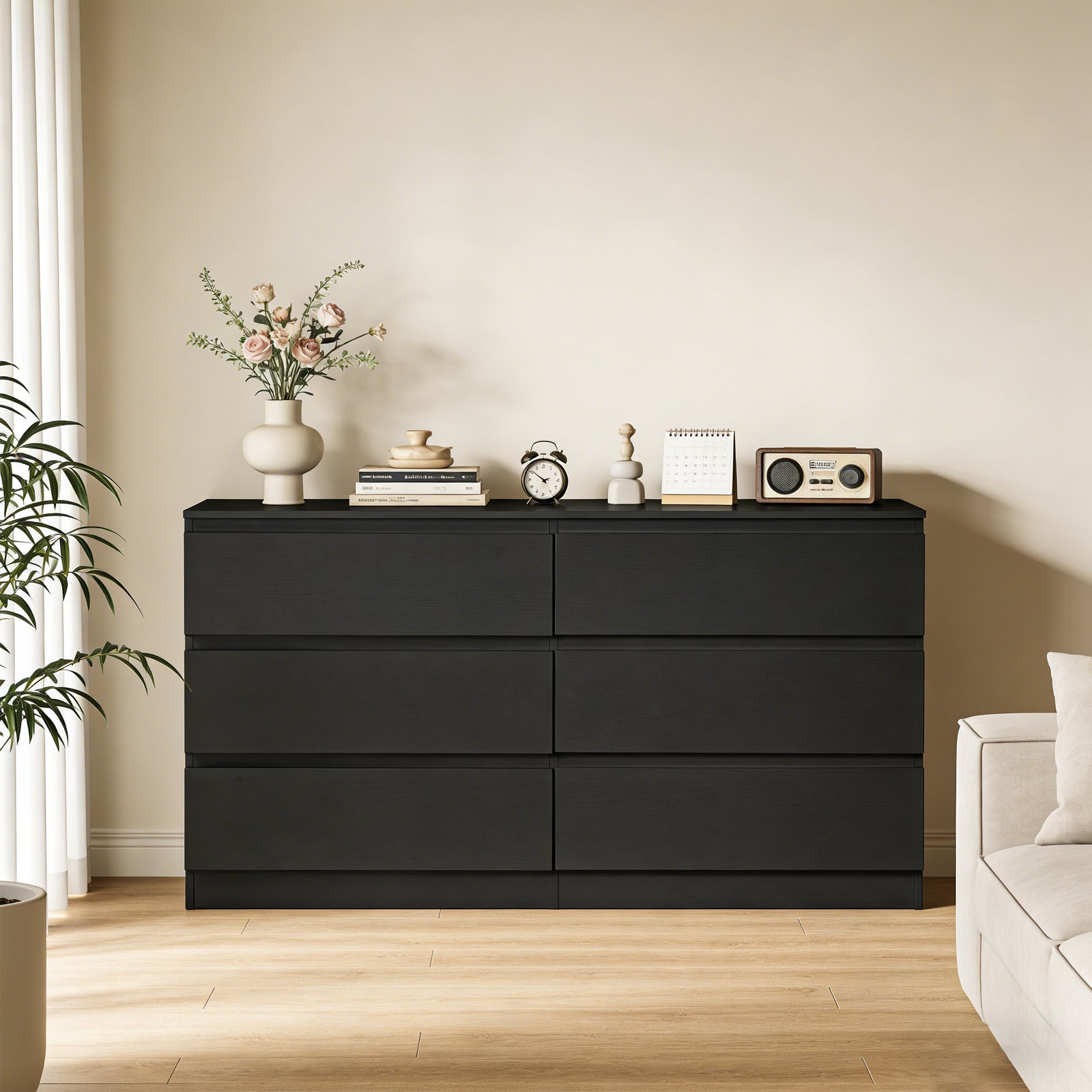 6 Drawer Black Dresser, Modern Bedroom Dresser With Spacious Countertop, Wood Storage Cabinet With Concealed Handles & 6 Deep Drawers For Bedroom, Living Room, Entryway, 15.7 D X 47.2W X 30.9 H
