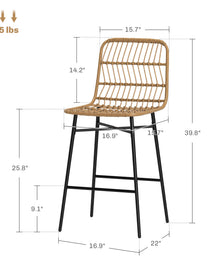 Rattan Counter Bar Stools Set Of 2, 26" Counter Height Barstools With Back, Bar Chairs For Kitchen Island, Brown