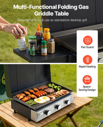 Gas Griddle, 3-Burner Flat Top Grill, Propane Griddle With Wheels, Lid, 3 X 11000 BTU Outdoor Flat Top Grills For Pan-Frying, Grilling, Stir-Frying, & BBQ, Pulse Ignition, Removable Top Design