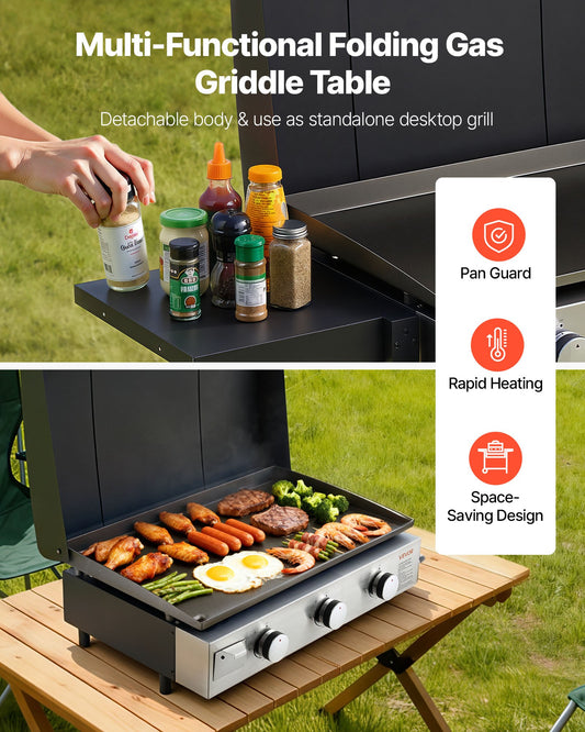 Gas Griddle, 3-Burner Flat Top Grill, Propane Griddle With Wheels, Lid, 3 X 11000 BTU Outdoor Flat Top Grills For Pan-Frying, Grilling, Stir-Frying, & BBQ, Pulse Ignition, Removable Top Design