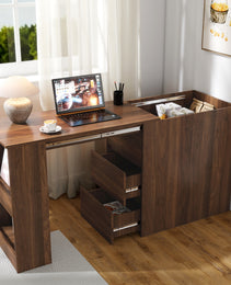 Computer Desk With Drawers, Modern Corner Home Office Storage With Extendable Table, Study Writing Desk Workstation For Home,Office