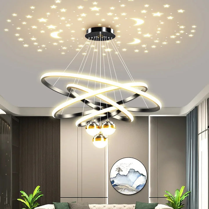 Modern Living Room Ring Chandelier with Moon Stars Creative Black/Gold Ring Circle LED Chandelier Light for Bedroom Dining Room