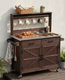 K&K 54.1  Outdoor Kitchen Island With High Shelf, Large Outdoor Potting Bench Table With Stainless Steel Top And Storage Cabinet, Solid Wood Grill Cart With Lockable Wheels For BBQ, Garden, Brown
