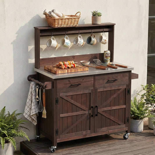 K&K 54.1  Outdoor Kitchen Island With High Shelf, Large Outdoor Potting Bench Table With Stainless Steel Top And Storage Cabinet, Solid Wood Grill Cart With Lockable Wheels For BBQ, Garden, Brown