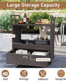 Handwoven PE Rattan Outdoor Bar Cart With Tempered Glass Top & Drawer, 4 Wheels With Brakes Serving Cart For Patio