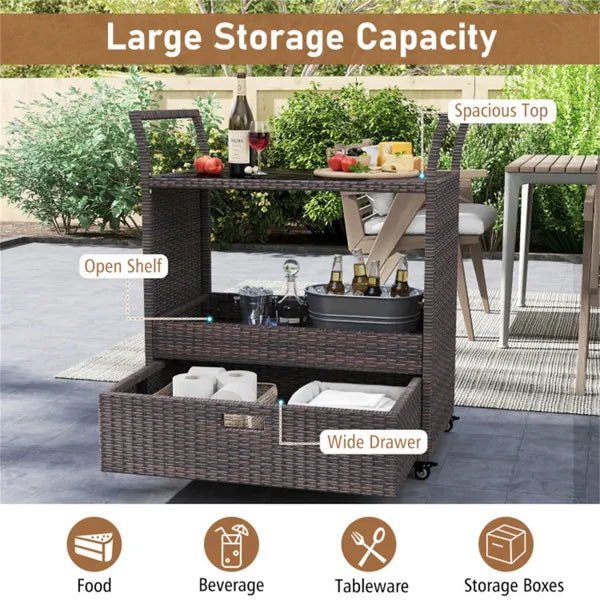 Handwoven PE Rattan Outdoor Bar Cart With Tempered Glass Top & Drawer, 4 Wheels With Brakes Serving Cart For Patio