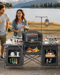 Camping Kitchen Table Portable Outdoor Cook Station Windshield Cupboard Aluminum