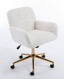 A&A Furniture Office Chair,Artificial Rabbit Hair Home Office Chair With Golden Metal Base,Adjustable Desk Chair Swivel Office Chair,Vanity Chair Beige