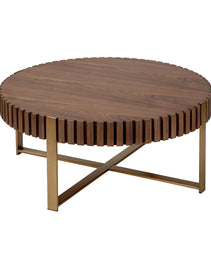 Modern Handcraft Drum Coffee Table 31.5 Inch Round Coffee Table For Living Room,Small Coffee Table With Sturdy Pedestal,Walnut