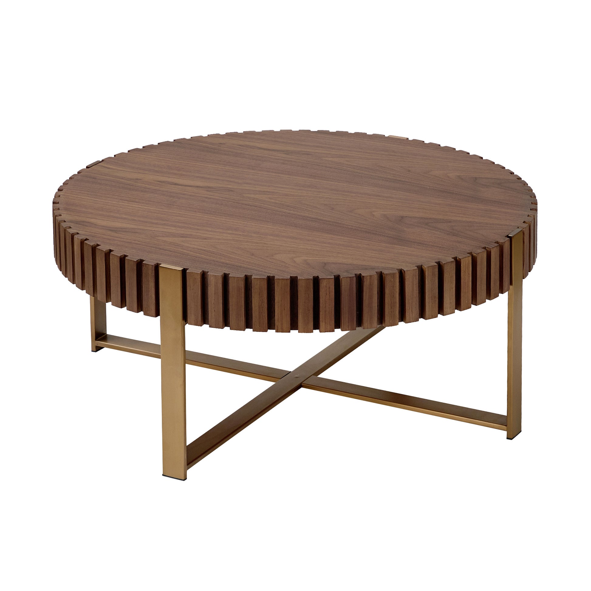 Modern Handcraft Drum Coffee Table 31.5 Inch Round Coffee Table For Living Room,Small Coffee Table With Sturdy Pedestal,Walnut