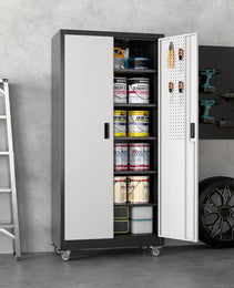 Aobabo Upgrade Metal Garage Storage Cabinet With Wheels And Pegboards, 5 Adjustable Shelves Steel Storage Cabinets For Home,Warehouse,Garage,Assembly Required,Black And Sliver