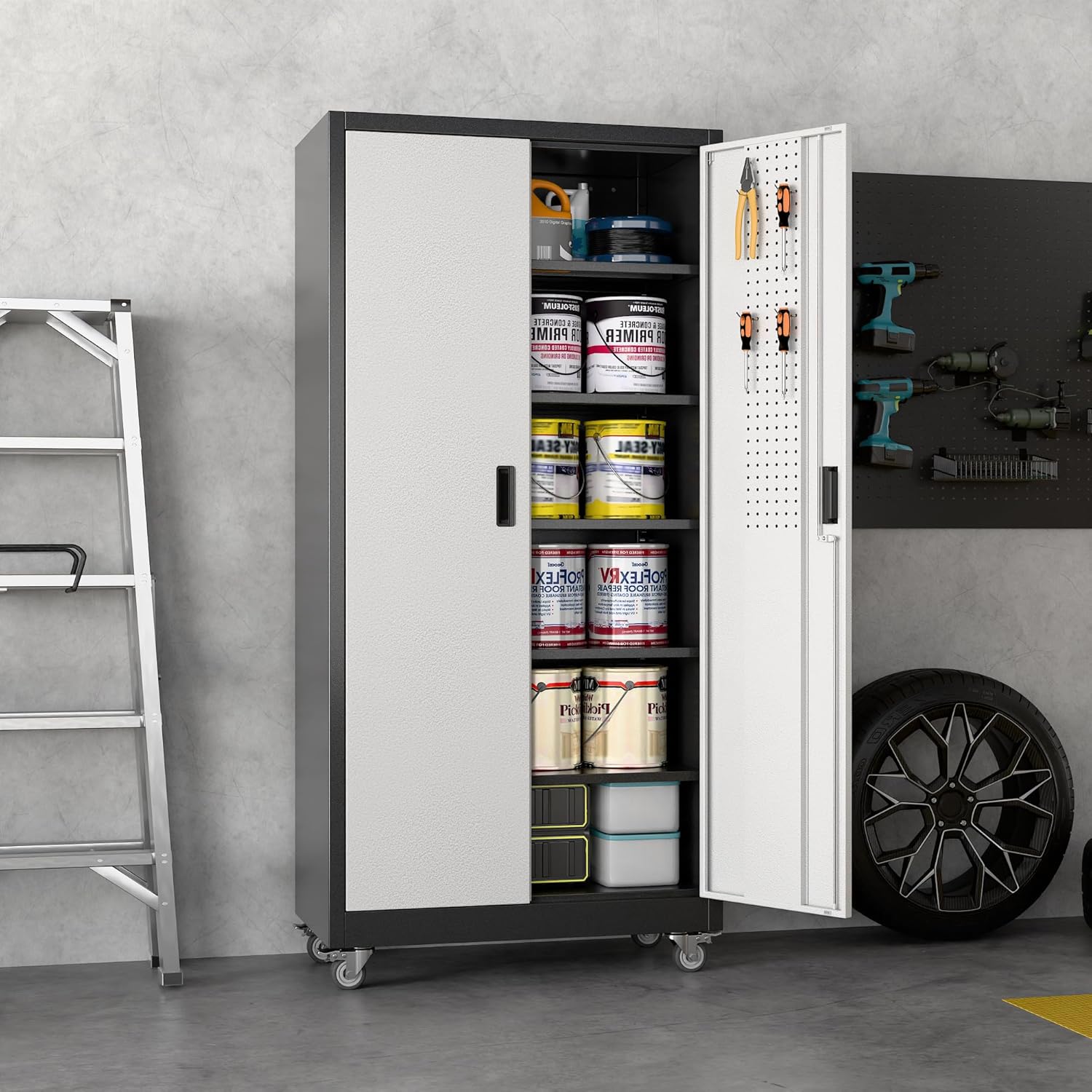 Aobabo Upgrade Metal Garage Storage Cabinet With Wheels And Pegboards, 5 Adjustable Shelves Steel Storage Cabinets For Home,Warehouse,Garage,Assembly Required,Black And Sliver