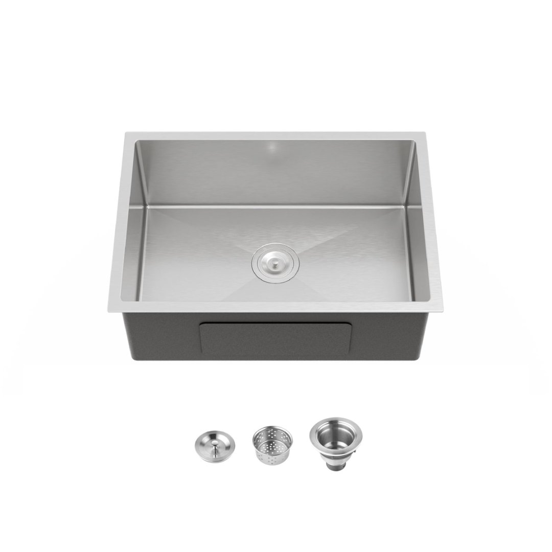 Stainless Steel Kitchen Sink, Single Bowl, Undermount Handmade Sink In Brushed Nickel, With US Standard Drain And Hook, LS-SSBR06