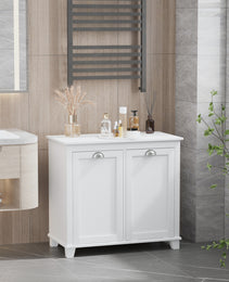 Dual Tilt out Laundry Hamper Cabinet, Bathroom Storage Cabinet with 2-Compartment Hamper, Modern Bathroom Floor Cabinet for Washroom, White