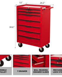 7-Drawer Rolling Tool Chest Cabinet, Large Capacity Metal Tool Box With Wheels And Cylinder Locking, Roll Around Storage Organizer Tool Cart For Garage, Warehouse, Work Shop - Red
