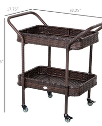 PE Rattan Outdoor Bar Table, Outdoor Kitchen Island with 2-Tier Shelf, Wheeled Patio Serving Cart with Brakes for Poolside, Garden, Brown