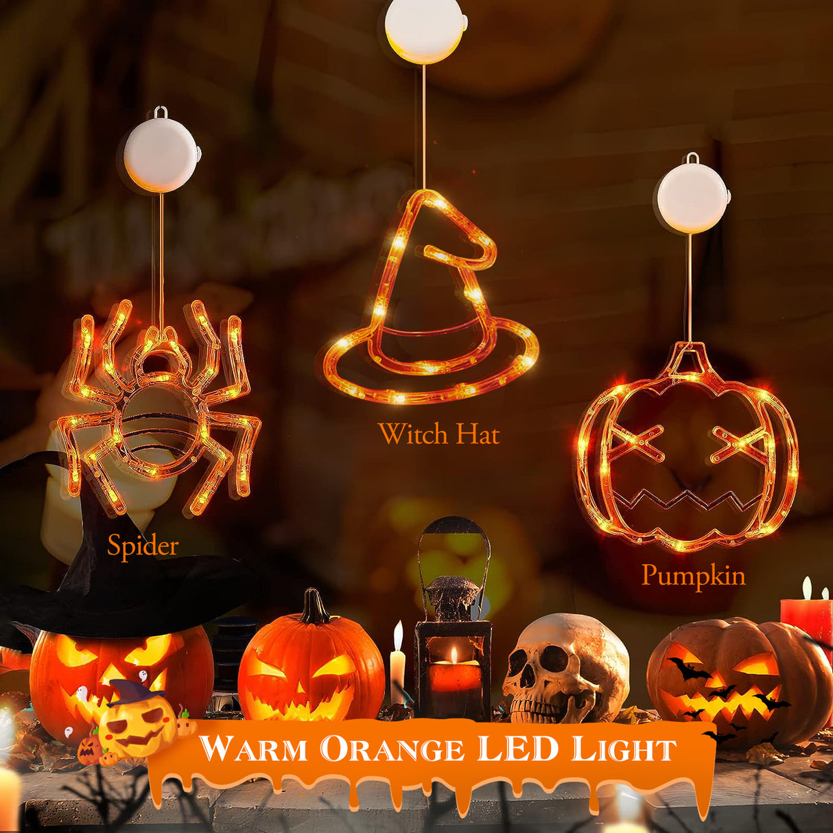Set Of 3 Pack Halloween Window Light Spider Witch Hat Pumpkin With Orange Light Hanging Halloween Decoration Light With Suction Cup Hanging Holes - CJDS - FC