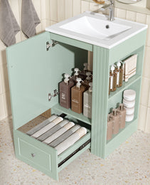 20  Freestanding Bathroom Vanity With Ceramic Sink, Single Faucet Hole, MDF Storage Cabinet With Soft-Close Drawer, Open Side Shelves With Pinewood Towel Bar, Modern Small Bathroom Vanity For Compact