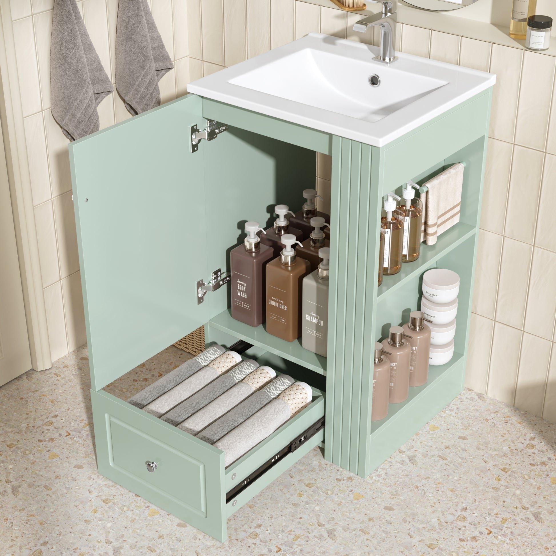 20  Freestanding Bathroom Vanity With Ceramic Sink, Single Faucet Hole, MDF Storage Cabinet With Soft-Close Drawer, Open Side Shelves With Pinewood Towel Bar, Modern Small Bathroom Vanity For Compact