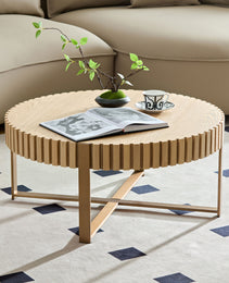 Modern Handcraft Drum Coffee Table 31.5 Inch Round Coffee Table For Living Room,Small Coffee Table With Sturdy Pedestal,Natural Ash
