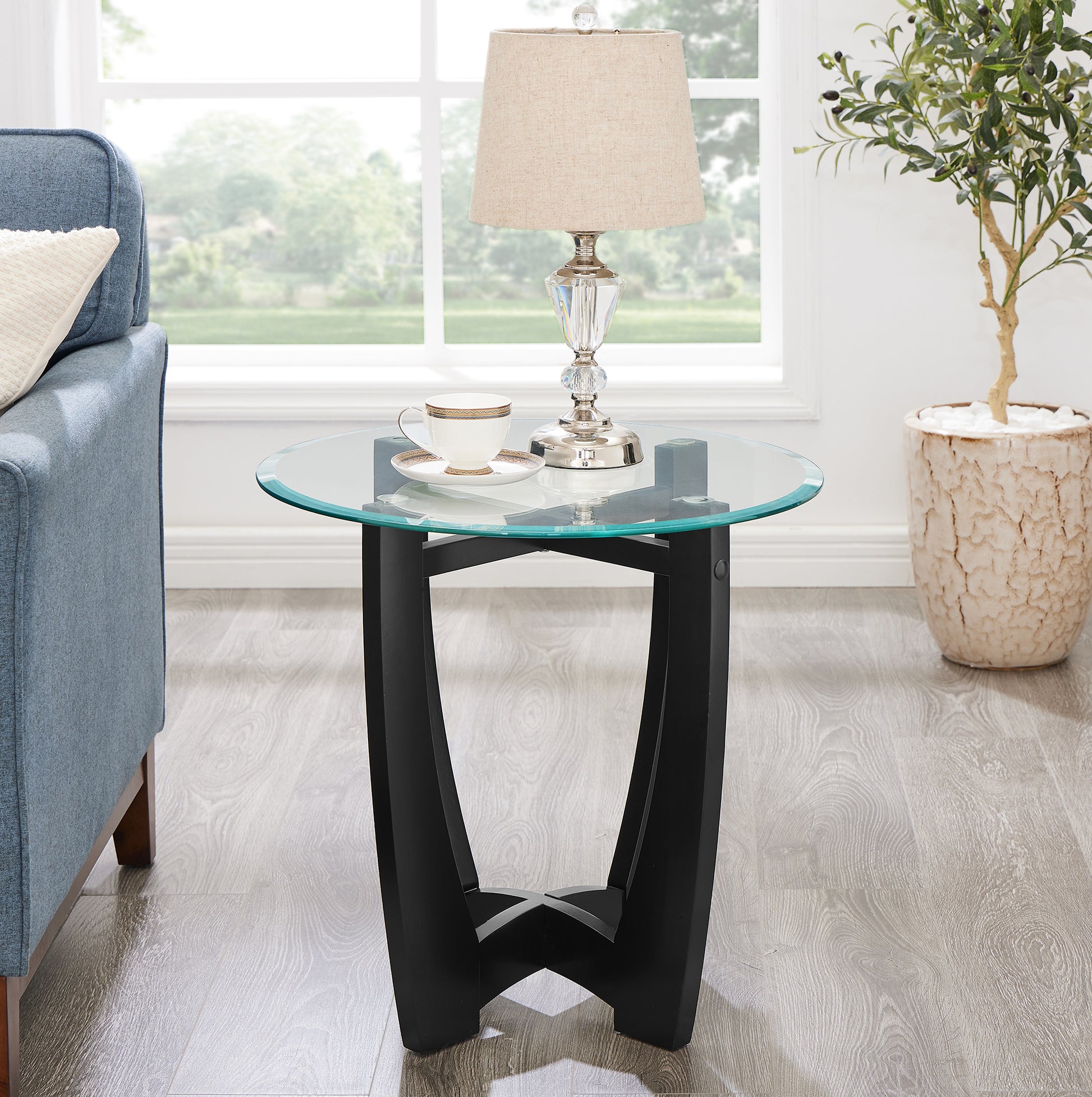 23.5 Inch Round Glass Coffee Table, Black Round Coffee Table Center Table With Glass Top, Small Coffee Table For Living Room, Office And Apartment