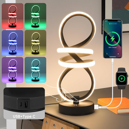 Modern LED Table Lamp, Spiral RGB Table Lamp, Touch Dimmable LED Nightstand Lamp with Usb/Type C, 7 Colors & 10 Light Modes Bedside Lamp for Bedroom, Living Room, Office, Cool Lamps for Ideal Gift
