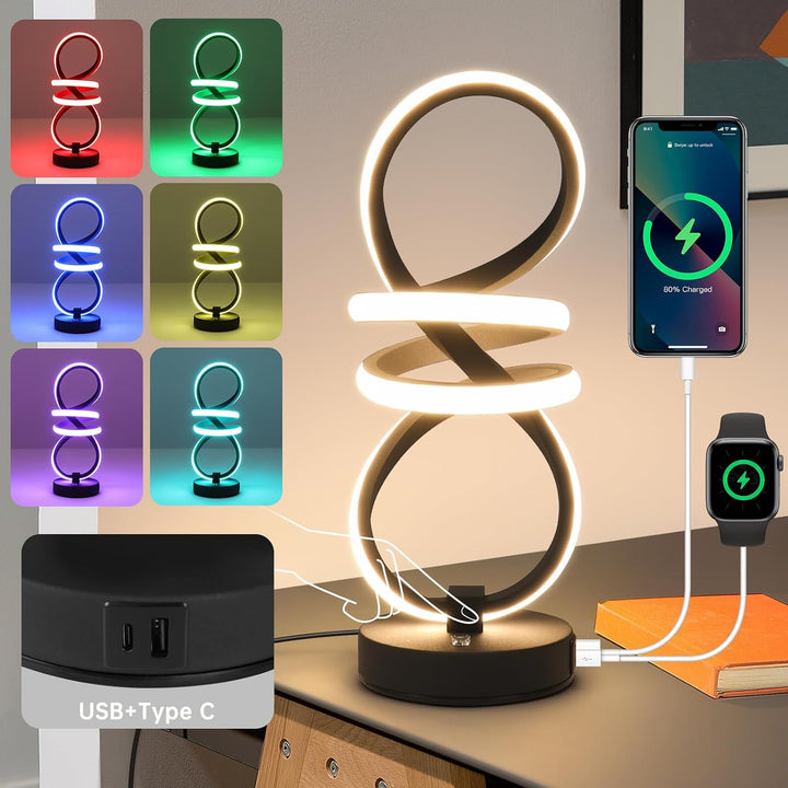 Modern LED Table Lamp, Spiral RGB Table Lamp, Touch Dimmable LED Nightstand Lamp with Usb/Type C, 7 Colors & 10 Light Modes Bedside Lamp for Bedroom, Living Room, Office, Cool Lamps for Ideal Gift