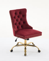 A&A Furniture Office Chair,Modern Velvet Upholstered Tufted Button Home Office Chair With Golden Metal Base,Adjustable Desk Chair Swivel Office Chair Wine Red
