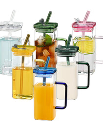 1 Pcs Transparent Glass Straw Cup, 6 Colors Square Glass Cup With Straw And Lid, High Borosilicate Glass Cup, Milk Cup, Juice Cup, Cold Drink Cup, Coffee Cup, Tea Cup, Office Cup, Gift Cup