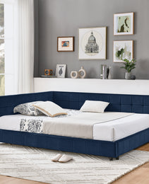 Full Size Upholstered Tufted  Bed Frame, Sofa Bed Frame With Comfortable Backrest And Armrests, Full Size Bed For Bedroom, Living Room,Velvet, Dark Blue 80.5x59x30.5