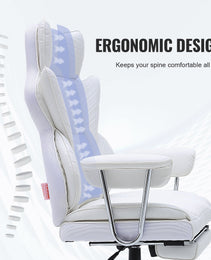 Reclining Office Chair With Footrest, Heavy Duty PU Leather Wide Office Chair, Big And Tall Executive Office Chairs With Lumbar Support, Strong Metal Base Quiet Wheels, White