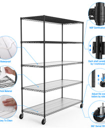 5 Tier 7500lbs Heavy Duty Adjustable Storage Rack Metal Shelf Wire Shelving Unit With Wheels & Shelf Liners - 82H X 60 L X 24 D - Black