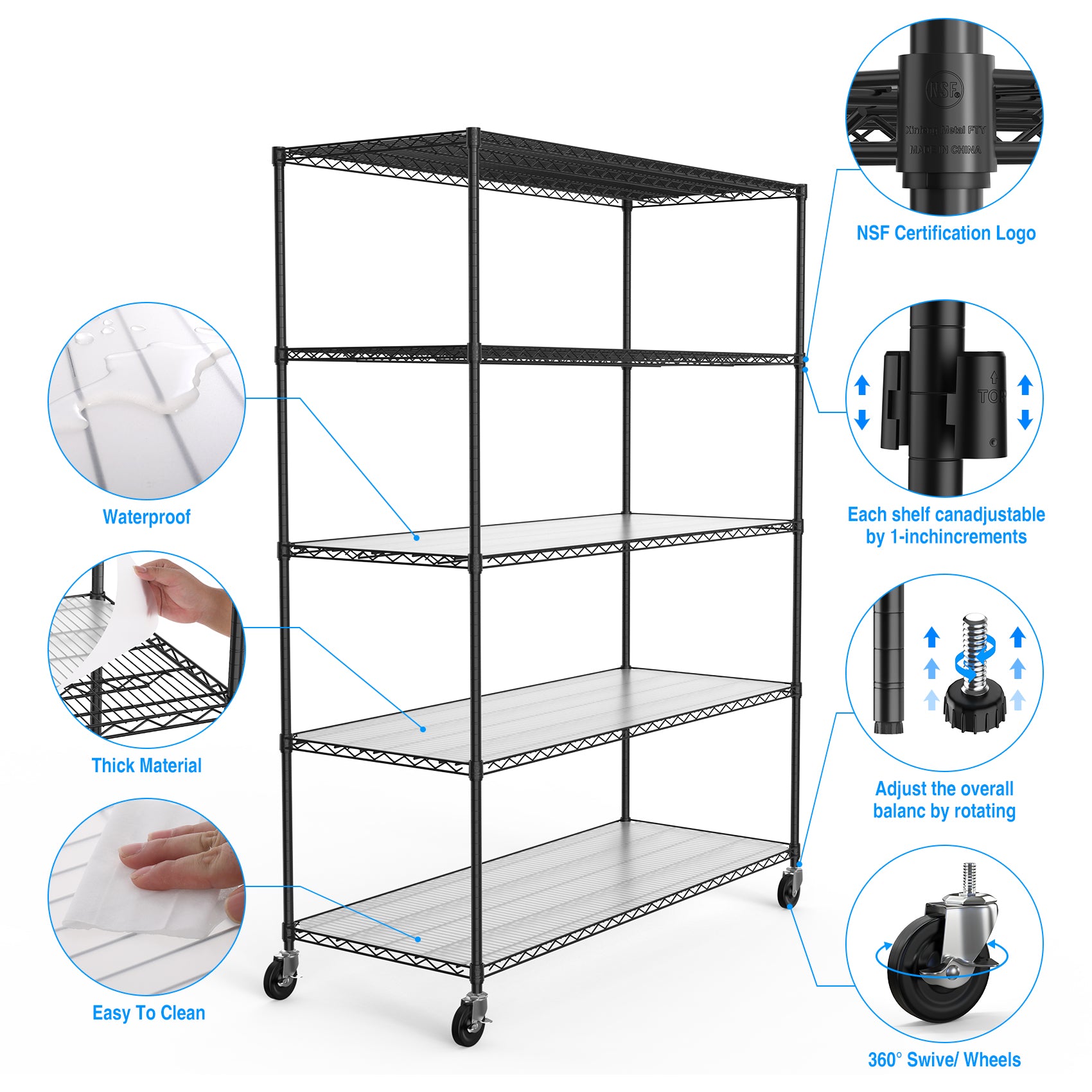 5 Tier 7500lbs Heavy Duty Adjustable Storage Rack Metal Shelf Wire Shelving Unit With Wheels & Shelf Liners - 82H X 60 L X 24 D - Black