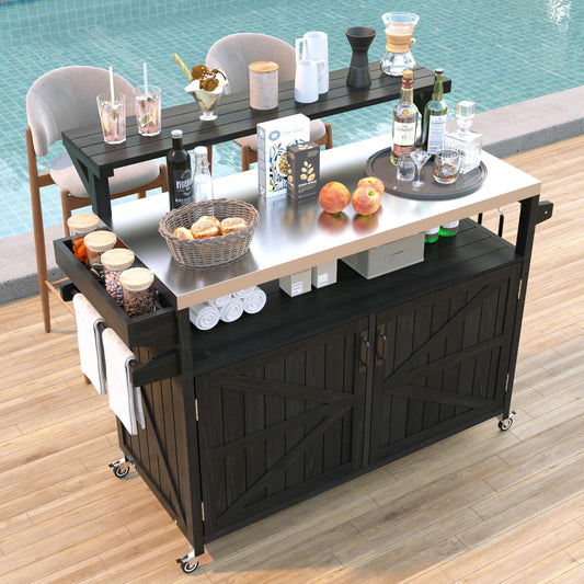 K&K 53.3  Outdoor Kitchen Island With Raised Shelf, Solid Wood Storage Cabinet With Stainless Steel Top, Outdoor Rolling Grill Cart With Internal Storage Rack, Adjustable Shelf, Spice Rack, Black