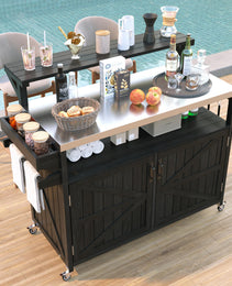 K&K 53.3  Outdoor Kitchen Island With Raised Shelf, Solid Wood Storage Cabinet With Stainless Steel Top, Outdoor Rolling Grill Cart With Internal Storage Rack, Adjustable Shelf, Spice Rack, Black